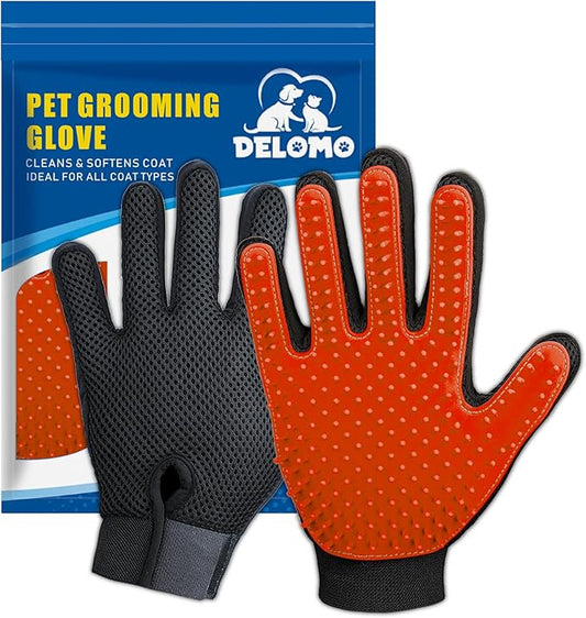 Upgrade Version Pet Grooming Glove - Gentle Deshedding Brush Glove - Efficient Pet Hair Remover Mitt - Enhanced Five Finger Design - Perfect for Dog & Cat with Long & Short Fur - 1 Pair - PAWPICO