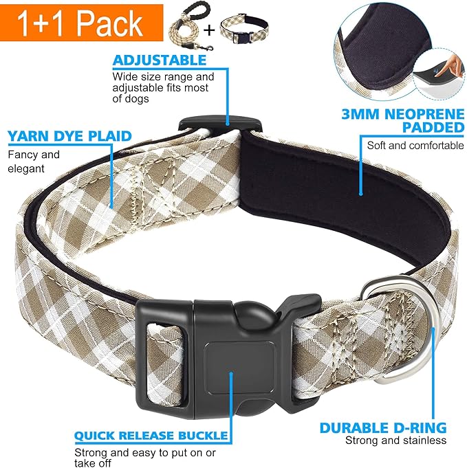 Reflective Dog Collar Padded with Soft Neoprene Breathable Adjustable Nylon Dog Collars for Small Medium Large Dogs (Medium (Pack of 1), Vanilla Plaid Collar+Leash) ladoogo