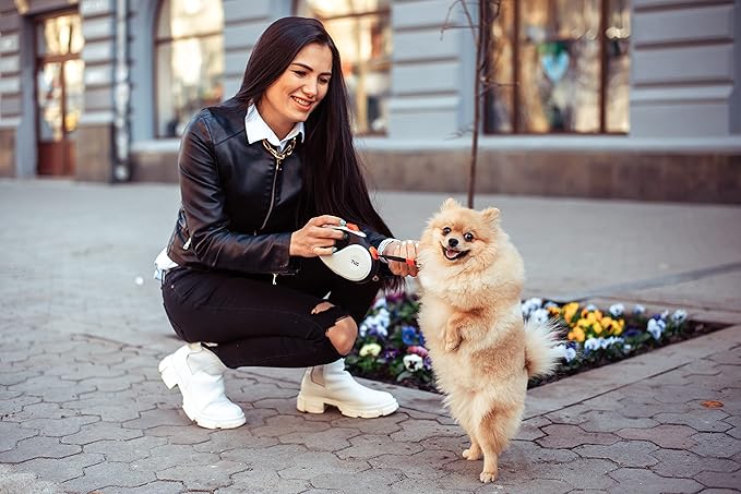 TUG 360° Tangle-Free Retractable Dog Leash with Anti-Slip Handle | 16 ft Strong Nylon Tape | One-Handed Brake, Pause, Lock (Small, White/Orange) TUG