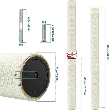 Cat Scratching Post Replacement Pole，4 PCS 15.7 in Cat Tree Replacement Post，Natural Sisal Cat Tree Replacement Parts with M8 Screws - PAWPICO