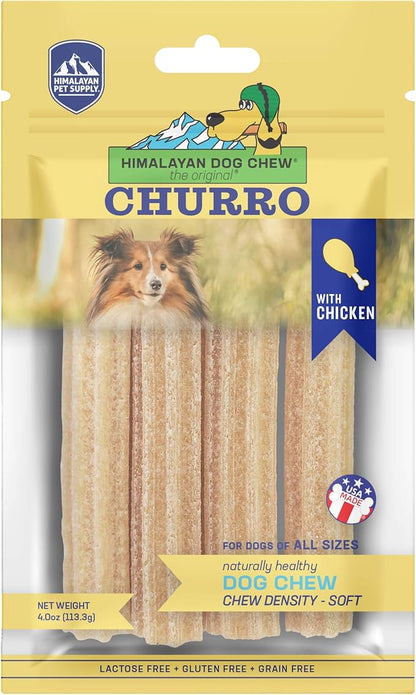 Himalayan Dog Chew Churro Yak Cheese Dog Chews, 100% Natural, Long Lasting, Gluten Free, Healthy & Safe Dog Treats, Lactose & Grain Free, Protein Rich, For All Breeds, Soft, Chicken Flavor, 4 Pack - PAWPICO