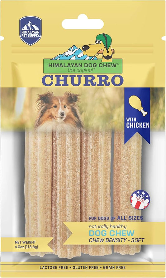 Himalayan Dog Chew Churro Yak Cheese Dog Chews, 100% Natural, Long Lasting, Gluten Free, Healthy & Safe Dog Treats, Lactose & Grain Free, Protein Rich, For All Breeds, Soft, Chicken Flavor, 4 Pack - PAWPICO