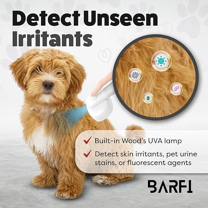 BARFI Pet Brush - Self-Cleaning Pet, Cat, Dog Shedding Brush - Multi-Functional Grooming Tool with Negative Ion Technology, Vibrating Massager, Wood's Lamp (White) - Free Pet Bowl - PAWPICO