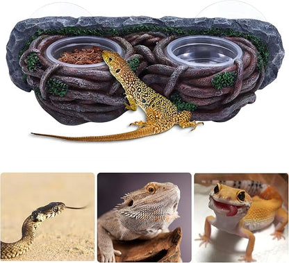 AIICIOO Crested Gecko Feeding Ledge Double Bowl Reptile Vine Food Ledge with 4 PCS Cup Corner Water Bowl for Lizard Snake Bearded Dragon Frog Turtle Terrarium Tank Decor AIICIOO