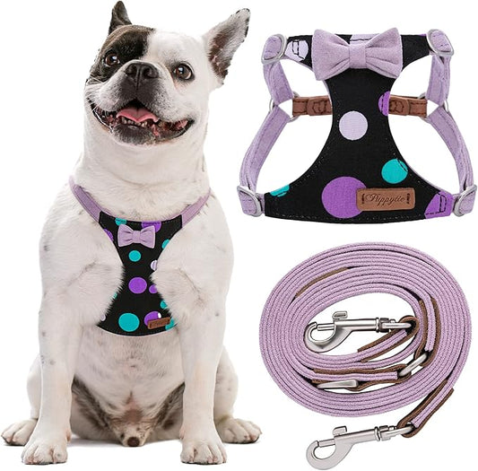 Puppytie No Pull Dog Harness with Multifunction Dog Leash,Soft Adjustable No Choke Escape Proof Pet Harness Vest for Medium Dogs,Polka dots Taro Purple,M Puppytie