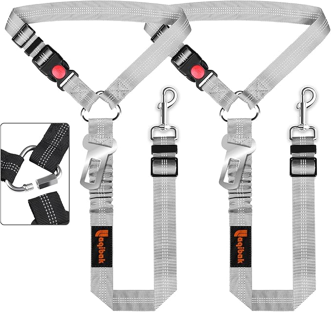 Removable Dog Seat Belt Harness for Car, 3 in 1 Pet Dog Car Seatbelt Leash, Retractable Restraint Secures to Vehicle Headrest & Adjustable Reflective Bungee Dog Seatbelt Tether, Grey laqibakProductcollection