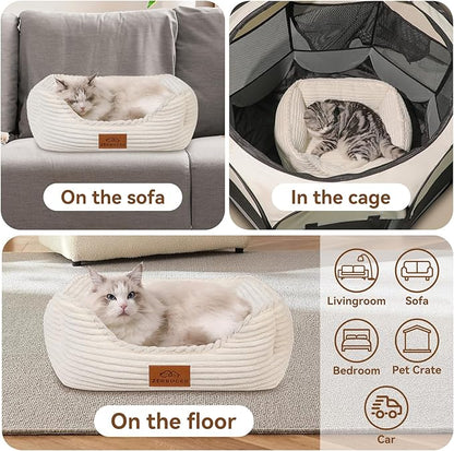 Cat Dog Bed for Pets, Rectangle Pet Bed Gift for Puppy and Kitten, Machine Washable Calming Fluffy Pet Couch Sofa for Indoor Outdoor, Portable Soft Cat Bed with Non-Slip Bottom (Small, Cream) - PAWPICO