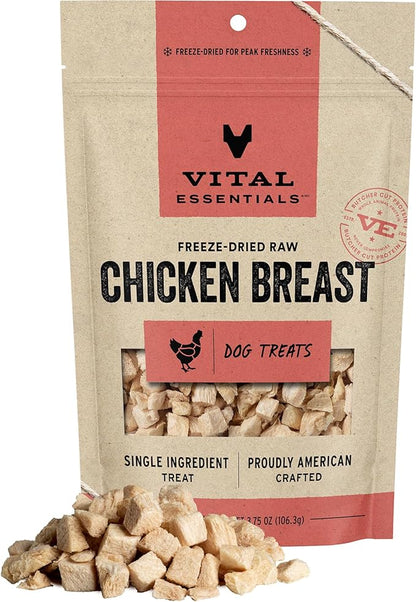 Vital Essentials Freeze Dried Raw Single Ingredient Dog Treats, Chicken Breast, 3.75 oz | Premium Quality High Protein Training Treats | Grain Free, Gluten Free, Filler Free - PAWPICO