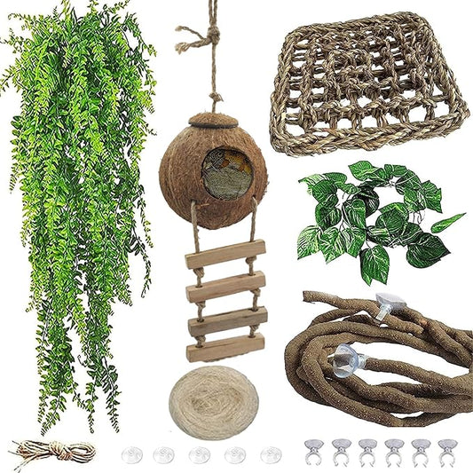 5PCS Coconut Hut for Gecko, Lizard Coco Den with Ladder and Reptile Hammock Bearded Dragon Tank Accessories Climbing Hanging Plants Jungle Vine Flexible Reptile Leaves Decor MUYG