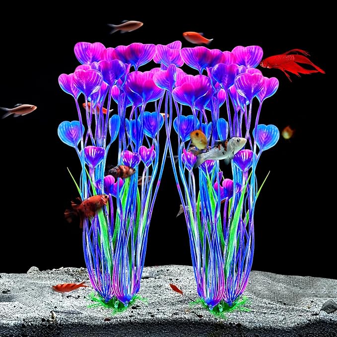 AQUANEAT Artificial Aquarium Plants, Fish Tank Plants Plastic, Aquarium Decor Large, 15.5 inch Purple Fish Tank Decorations, 2pcs Aquaneat