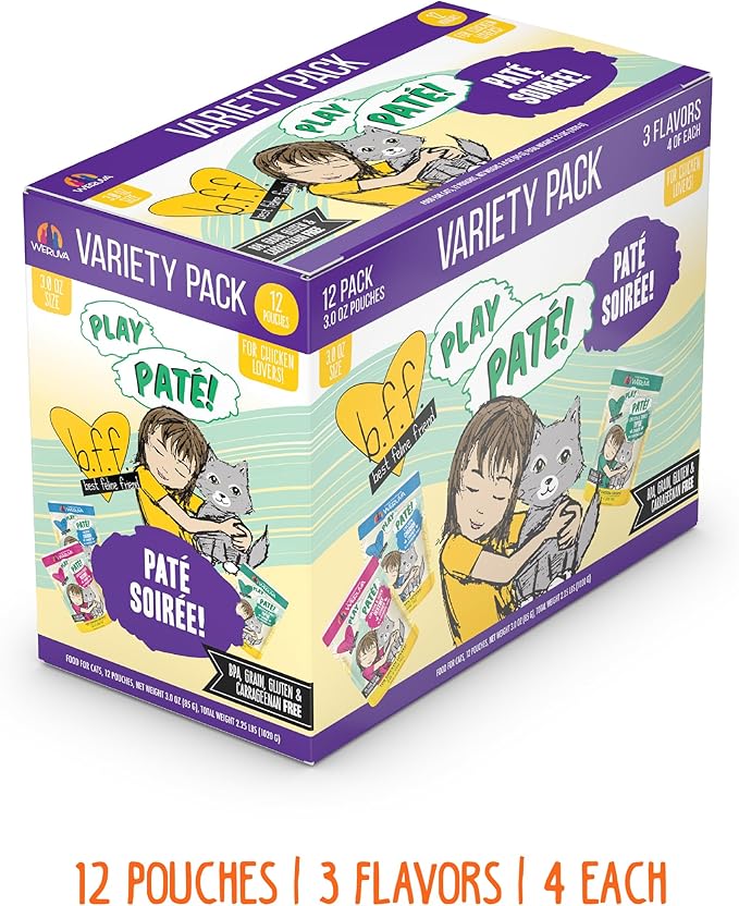 Weruva B.F.F. Play - Best Feline Friend Paté Lovers, Aw Yeah!, Paté Soiree! Variety Pack, 3oz Pouch (Pack of 12) - PAWPICO
