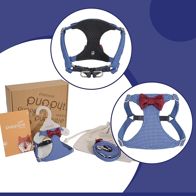 Puppytie No Pull Dog Harness with Multifunction Dog Leash,Soft Adjustable No Choke Escape Proof Pet Harness Vest for Medium Dogs,Plaid Blue,M Puppytie