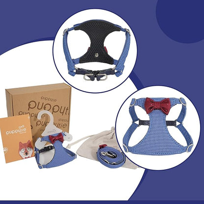 Puppytie No Pull Dog Harness with Multifunction Dog Leash,Soft Adjustable No Choke Escape Proof Pet Harness Vest for Medium Dogs,Plaid Blue,M Puppytie