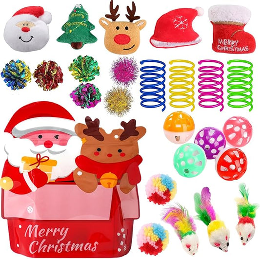 25 Pack Christmas Cat Toy, Kitten Toy Bag Set Assorted with Cat Spring Toy, Cat Ball Toy, Crinkle Cat Toy, Mouse for Cats Interactive Play - PAWPICO