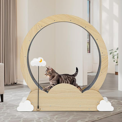 DWVO 43in Cat Exercise Wheel for Indoor Cats with Locking Mechanism, Natural Solid Wood Sturdy Cat Treadmill Wheel with Detachable Carpet, Suitable for Most Cats - PAWPICO
