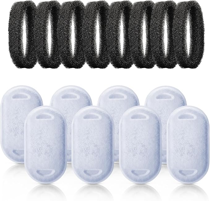Cat Water Fountain Filters, Replacement Filters for 67oz/2L & 108oz/3.2L Stainless Steel Pet Fountains, Includes 8 Filters & 8 Sponges, Easy to Install and Clean - PAWPICO