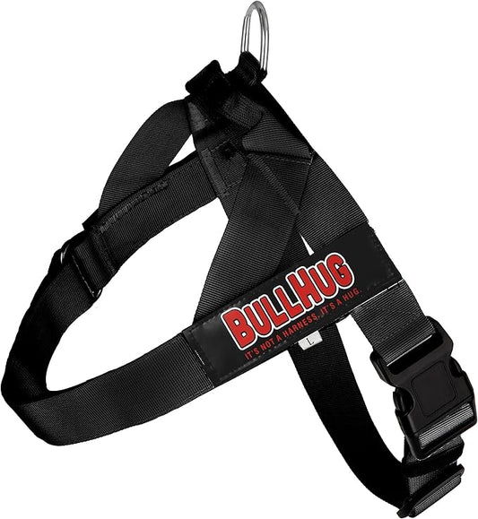 BULLHUG Harness – Made for Larger Chested Dogs Like English Bulldogs, French Bulldogs, Pugs & More. Stops Dogs from Pulling & Choking on Walks (Black, XL) BULLHUG