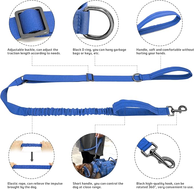Forestpaw Tactical Dog Harness for Large Dogs,Tactical Dog Collar with Bungee Leash Set,No Pull Military Dog Harness for Dog Walking Training,Adjustable for Medium Large Dogs,Blue M Forestpaw