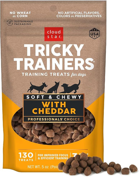 Cloud Star Tricky Trainers Soft & Chewy Dog Training Treats 5 oz Pouch, Cheddar Flavor, Low Calorie Behavior Aid with 130 treats - PAWPICO