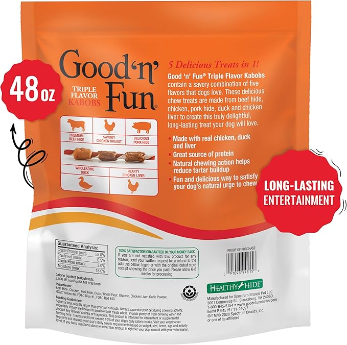 Good'n'Fun Triple Flavor Kabobs 48 Ounce, Rawhide Snack for All Dogs - PAWPICO