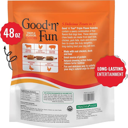 Good 'n' Fun Good'n'Fun Triple Flavor Kabobs 48 Ounce, Rawhide Snack for All Dogs, 48 Oz (Pack of 4) - PAWPICO