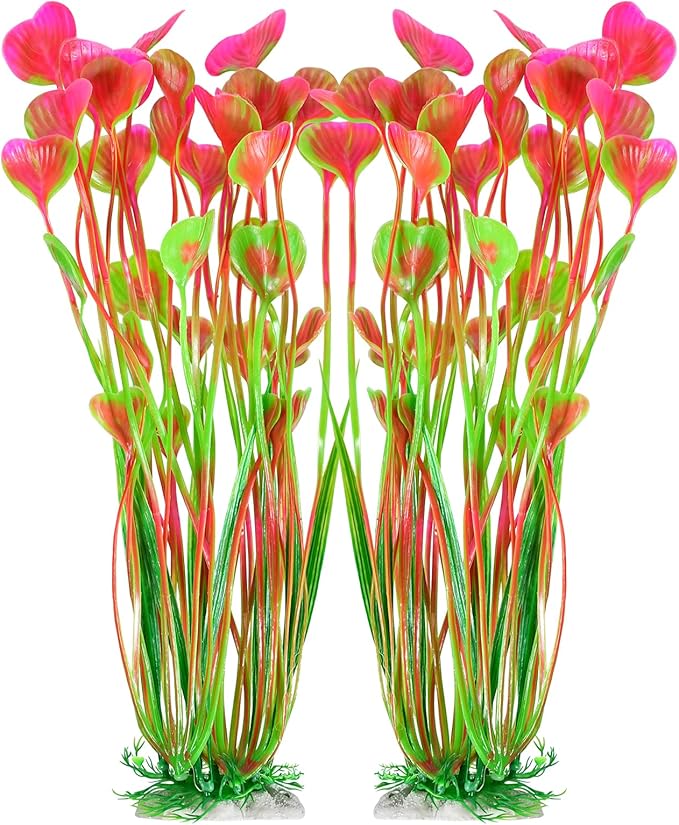 AQUANEAT Artificial Aquarium Plants, Fish Tank Plants Plastic, Aquarium Decor Large, 15.5 inch Pink Fish Tank Decorations, 2pcs Aquaneat