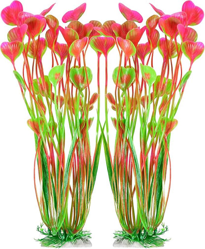 AQUANEAT Artificial Aquarium Plants, Fish Tank Plants Plastic, Aquarium Decor Large, 15.5 inch Pink Fish Tank Decorations, 2pcs Aquaneat