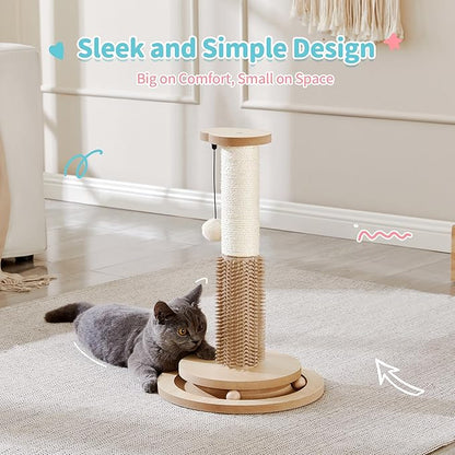 Made4Pets Cat Scratching Post 18" Tall for Small Kittens, 4-in-1 Cat Scratcher with Natural Sisal Ropes, Wooden Turntable Track Toy with Self Grooming Brush, Premium Scratch Pole with Plush Balls - PAWPICO