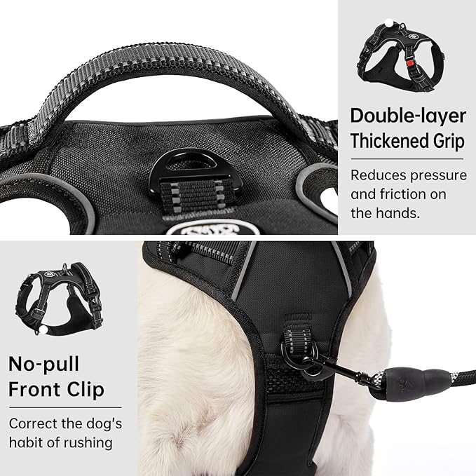 IVY&LANE No Pull Dog Harness for Large Dogs, Dog Vest Harness with Leash, Safety Belt and Storage Strap, Fully Adjustable Harness, 360° Reflective Strip, Soft Handle (Black, L) IVYLANE
