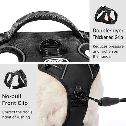 IVY&LANE No Pull Dog Harness for Large Dogs, Dog Vest Harness with Leash, Safety Belt and Storage Strap, Fully Adjustable Harness, 360° Reflective Strip, Soft Handle (Black, XL) IVYLANE