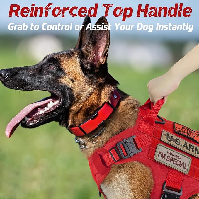 rabbitgoo Tactical Dog Harness for Large, Heavy Duty Pet Harness with Handle, No-Pull Service Vest Large Breed, Adjustable Military Dog Vest for Training Hunting Walking, Red, L rabbitgoo