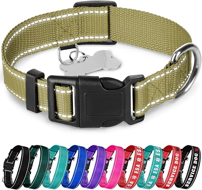 TECEUM Reflective Pet Collar – Olive – XL – Basic Nylon Dog Collar – Quick Release Buckle – Fits Small, Medium and Large Dogs, Puppies, Cats – ESA & Service Dog Options TECEUM