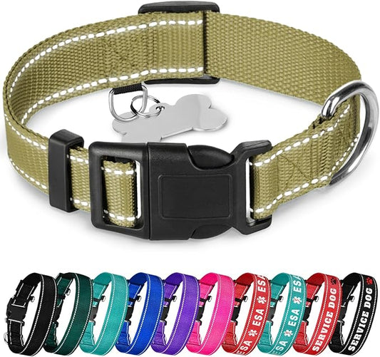 TECEUM Reflective Pet Collar – Olive – XS – Basic Nylon Dog Collar – Quick Release Buckle – Fits Small, Medium and Large Dogs, Puppies, Cats – ESA & Service Dog Options TECEUM
