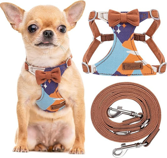 Puppytie No Pull xs Dog Harness with Multifunction Dog Leash,Soft Adjustable No Choke Escape Proof Pet Harness Vest,Suede Bow Brown,XXS Puppytie