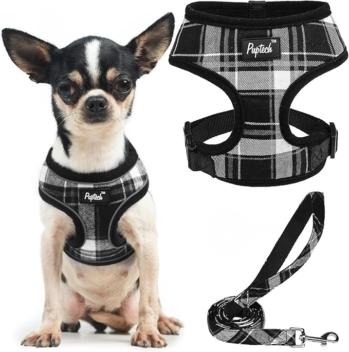 PUPTECK Soft Mesh Dog Harness and Leash Set Pet Puppy Cat Comfort Padded Vest No Pull Harnesses, Black, XS PUPTECK