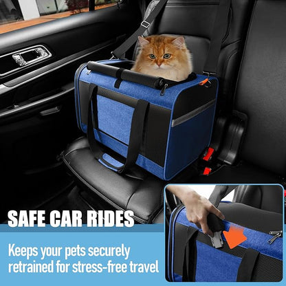 Soft-Sided Top Loading Adult Cat Carrier 20lbs, Yorkie Fabric Collapsible Comfy Cage for Teacup Dog, Easy Entry Maltese Pet Travel Purse, Kitty Carseat Animal Carrying Case Soft Kennel Blue - PAWPICO
