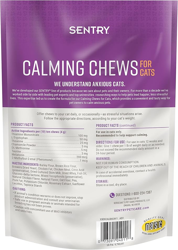 Sentry Calming Chews for Cats, Calming Aid Helps to Manage Stress & Anxiety, With Pheromones That May Help Curb Destructive Behavior & Separation Anxiety, Calming Health Supplement for Cats, 4 oz. Sentry
