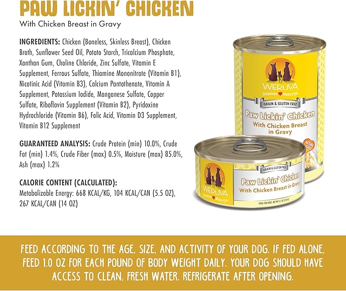 Weruva Classic Dog Food, Paw Lickin’ Chicken with Chicken Breast in Gravy, 14oz Can (Pack of 12) - PAWPICO