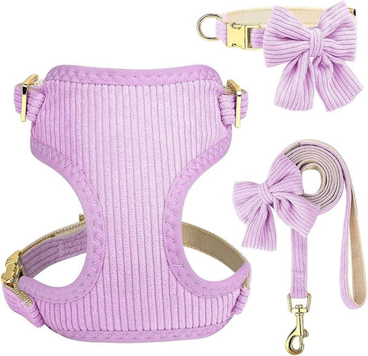 Didog Cute Small Dog Harness Collar & Leash Set, Adjustable Dog Collars and Leashes with Bowtie, Breathable Soft Mesh Padded Dog Vest for Puppies Small Dogs Walking, Purple, S Didog