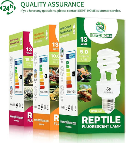 UVB Reptile Light 5.0, 13W Tropical and Sub-Tropical UVA UVB Bulb for Reptiles, Tropical Terrarium Compact Fluorescent Lamp, Reptile UVB Light Bulb for Chameleons, Iguanas and Turtles REPTIHOME