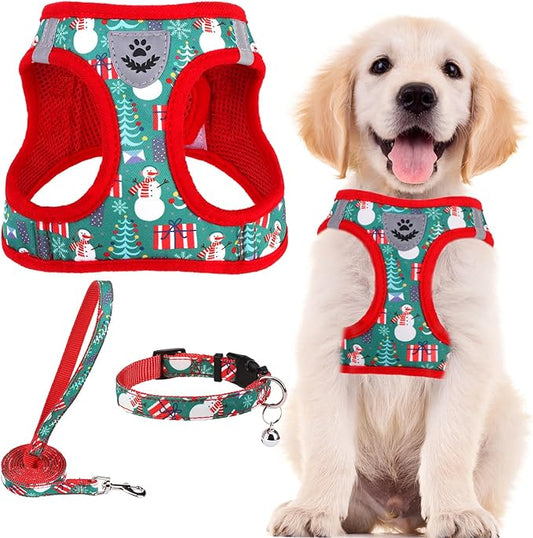 PUPTECK Adjustable Dog Harness Collar and Leash Set Step in No Pull Pet Harness for Small Medium Dogs Puppy and Cats Outdoor Walking Running, Soft Mesh Padded Reflective Vest Harnesses, Christmas, M PUPTECK