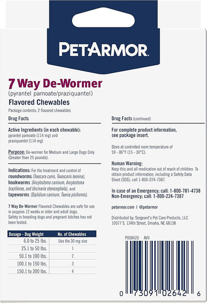 PetArmor 7 Way De-Wormer for Dogs, Oral Treatment for Tapeworm, Roundworm & Hookworm in Large Dogs & Puppies (Over 25 lbs), Worm Remover (Praziquantel & Pyrantel Pamoate), 2 Flavored Chewables PetArmor