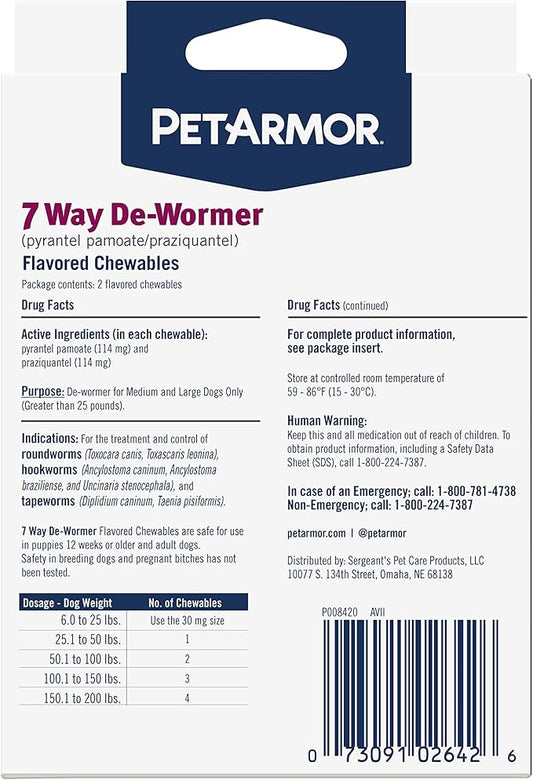 PetArmor 7 Way De-Wormer for Dogs, Oral Treatment for Tapeworm, Roundworm & Hookworm in Large Dogs & Puppies (Over 25 lbs), Worm Remover (Praziquantel & Pyrantel Pamoate), 2 Flavored Chewables PetArmor