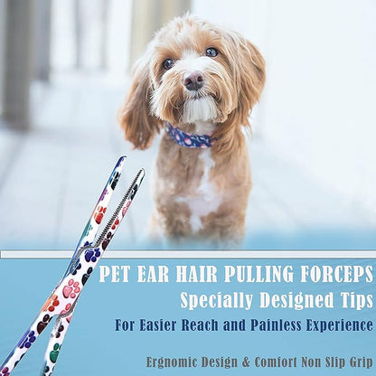 Dog Pet Ear/Nose Hair Puller Grooming Hemostat Locking Forceps Pliers, 5.5" (14cm), Straight (White Multi Paws) A2Z+SCILAB