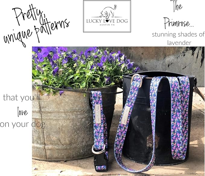 Lucky Love Dog, Comfortable, Soft, Cute Female Dog Collar for Medium Dogs, Black & Purple Floral Print, Adjustable Nylon Collar, Primrose, Medium LuckyLoveDog