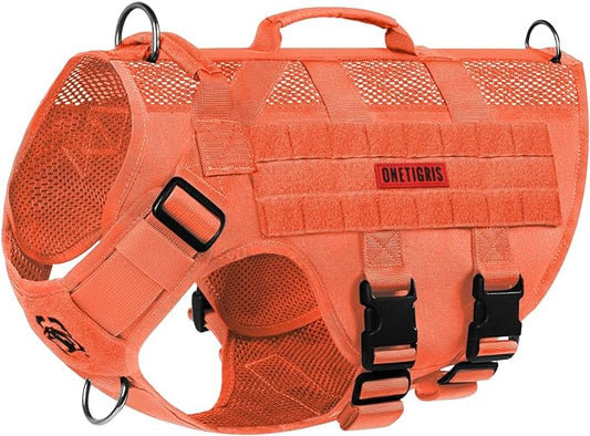 OneTigris No Pull Tactical Dog Harness for Large Dog, Mesh Design Breathable Service Dog Vest with Handle, Military Dog Vest Harness with Molle Panels for Walking Hiking Training (Orange, Large) OneTigris