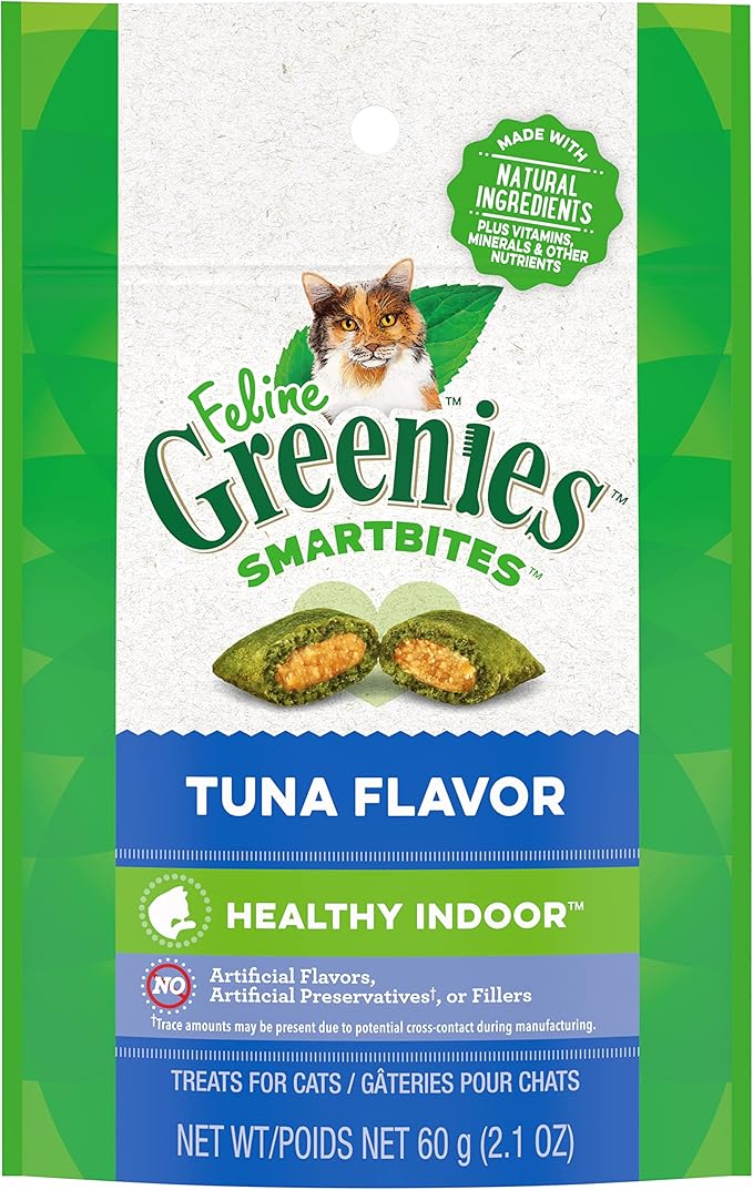 FELINE GREENIES SMARTBITES HEALTHY INDOOR Natural Treats for Cats, Tuna Flavor, 2.1 oz. Pouch GREENIES