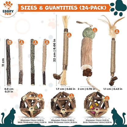 Silvervine Sticks for Cats 24 Pack Silvervine Cat Toy 10 Styles Dental Health and Calming Toy. Catnip, Gall Fruit and Bell Ball Cage Balls. Cleans Teeth & Calms Anxiety for Kitten (24 Pack) - PAWPICO