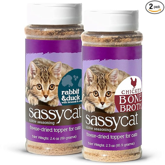 Herbsmith Sassy Cat Kibble Seasoning – Freeze Dried Rabbit & Duck – Cat Food Topper for Picky Eaters – [Bundle: Rabbit & Duck + Chicken Bone Broth] - PAWPICO
