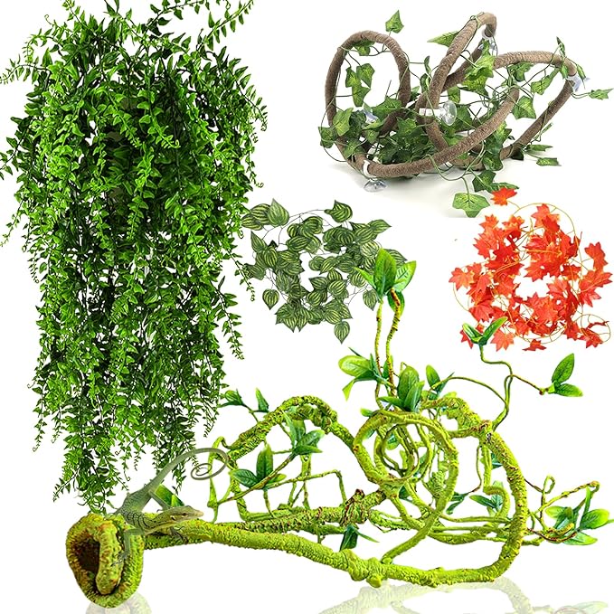 Grddaef Reptile Vines Plants for Terrarium, Flexible Vines Jungle Climbing Branch with Leaves Tank Decor for Snakes Bearded Dragons Geckos Hermit Crabs Lizards Chameleons Grddaef